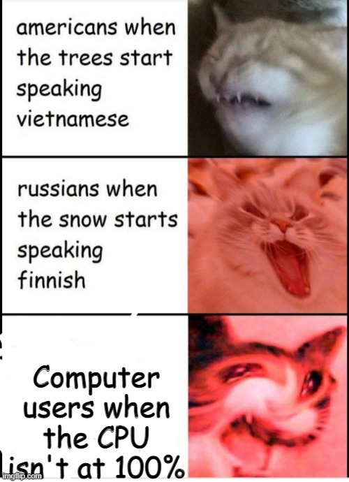 Screaming cats | Computer users when the CPU isn't at 100% | image tagged in screaming cats,computers | made w/ Imgflip meme maker
