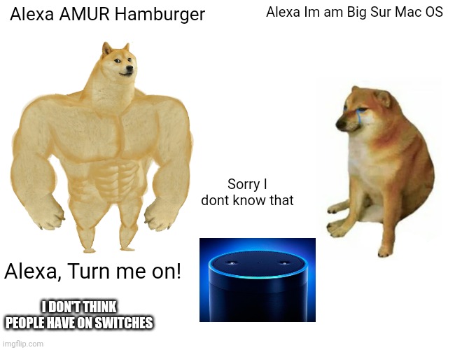 duhm | Alexa AMUR Hamburger; Alexa Im am Big Sur Mac OS; Sorry I dont know that; Alexa, Turn me on! I DON'T THINK PEOPLE HAVE ON SWITCHES | image tagged in memes,buff doge vs cheems | made w/ Imgflip meme maker