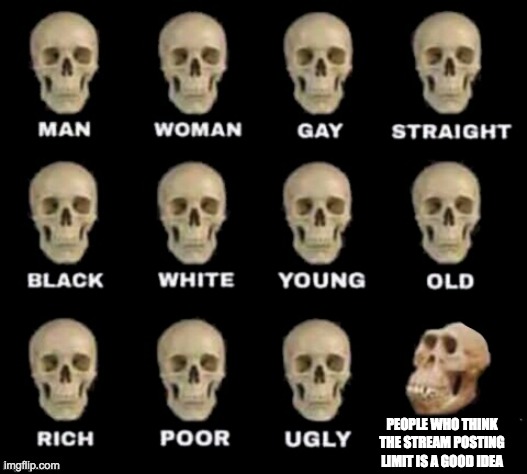 idiot skull | PEOPLE WHO THINK THE STREAM POSTING LIMIT IS A GOOD IDEA | image tagged in idiot skull | made w/ Imgflip meme maker