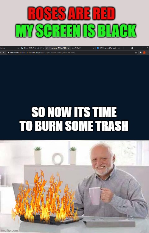Hide the Pain Harold Meme | ROSES ARE RED; MY SCREEN IS BLACK; SO NOW ITS TIME TO BURN SOME TRASH | image tagged in memes,hide the pain harold | made w/ Imgflip meme maker