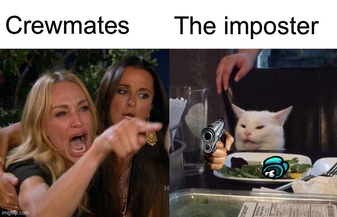 Woman Yelling At Cat | Crewmates; The imposter | image tagged in memes,woman yelling at cat | made w/ Imgflip meme maker