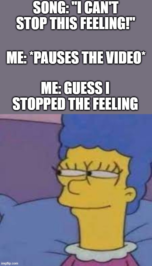 Smort | SONG: "I CAN'T STOP THIS FEELING!"; ME: *PAUSES THE VIDEO*; ME: GUESS I STOPPED THE FEELING | image tagged in meme,smort | made w/ Imgflip meme maker