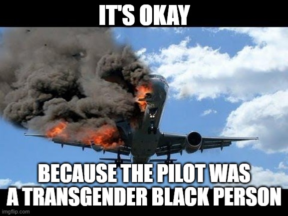 plane crash | IT'S OKAY; BECAUSE THE PILOT WAS A TRANSGENDER BLACK PERSON | image tagged in plane crash | made w/ Imgflip meme maker