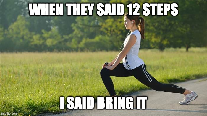 exercise | WHEN THEY SAID 12 STEPS; I SAID BRING IT | image tagged in exercise,12 steps,aa,motivation,sobriety | made w/ Imgflip meme maker