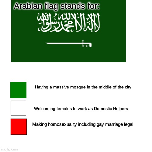 No Joke, Being gay is illegal in Saudi Arabia | Arabian flag stands for:; Having a massive mosque in the middle of the city; Welcoming females to work as Domestic Helpers; Making homosexuality including gay marriage legal | image tagged in memes,blank transparent square,saudi arabia,flag,homosexuality | made w/ Imgflip meme maker