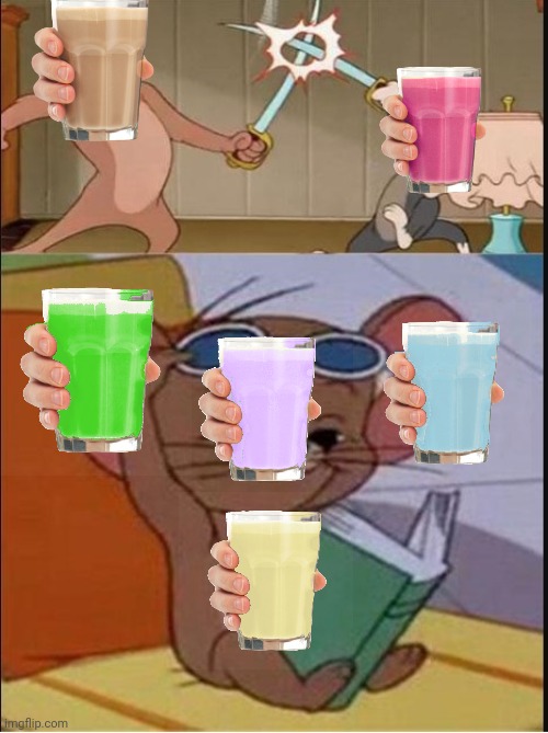 Lime, grape, bulebreey milk also exits | image tagged in tom and spike fighting | made w/ Imgflip meme maker