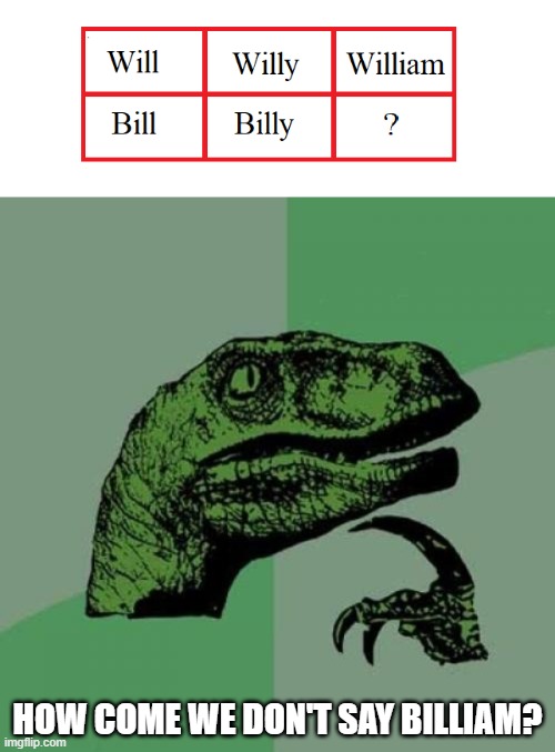 HOW COME WE DON'T SAY BILLIAM? | image tagged in memes,philosoraptor | made w/ Imgflip meme maker