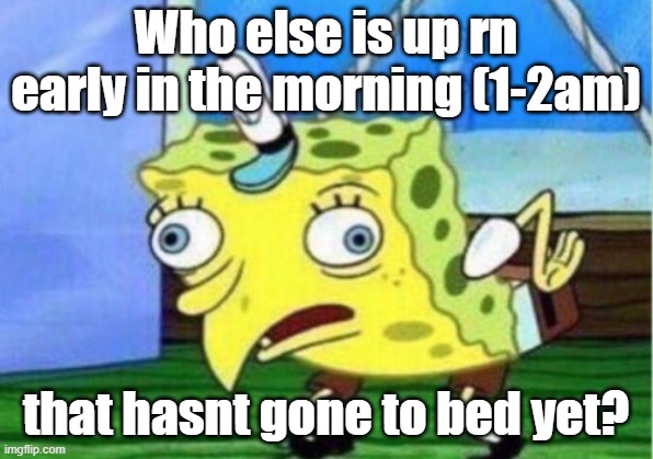 Anyone else? | Who else is up rn early in the morning (1-2am); that hasnt gone to bed yet? | image tagged in memes,mocking spongebob | made w/ Imgflip meme maker