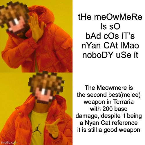 title | tHe meOwMeRe Is sO bAd cOs iT’s nYan CAt lMao noboDY uSe it; The Meowmere is the second best(melee) weapon in Terraria with 200 base damage, despite it being a Nyan Cat reference it is still a good weapon | image tagged in memes,drake hotline bling | made w/ Imgflip meme maker