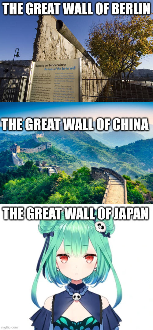 great wall of japan | THE GREAT WALL OF BERLIN; THE GREAT WALL OF CHINA; THE GREAT WALL OF JAPAN | image tagged in animeme | made w/ Imgflip meme maker