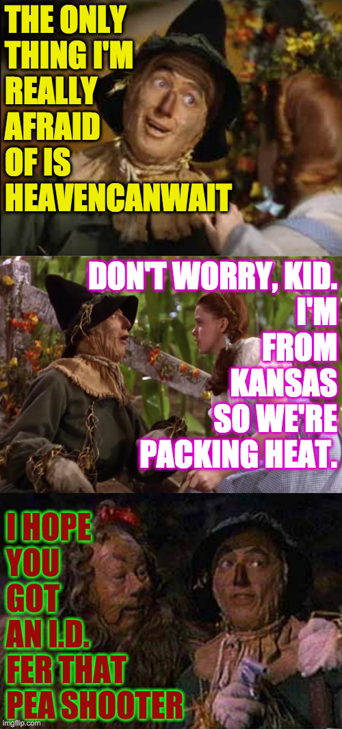 THE ONLY
THING I'M
REALLY
AFRAID
OF IS
HEAVENCANWAIT I HOPE
YOU
GOT
AN I.D.
FER THAT
PEA SHOOTER DON'T WORRY, KID.
I'M
FROM
KANSAS
SO WE'RE
 | made w/ Imgflip meme maker