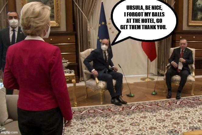 Ursula Von der Leyen humiliated by Erdogan: no chair for her at summit | URSULA, BE NICE, I FORGOT MY BALLS AT THE HOTEL, GO GET THEM THANK YOU. | image tagged in erdogan,turkey,islam,european union,coward | made w/ Imgflip meme maker