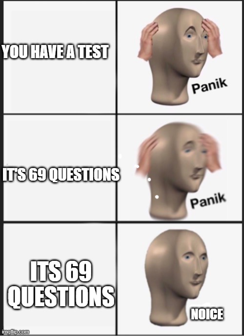 Panik Panik Kalm | YOU HAVE A TEST; IT'S 69 QUESTIONS; ITS 69 QUESTIONS; NOICE | image tagged in panik panik kalm | made w/ Imgflip meme maker