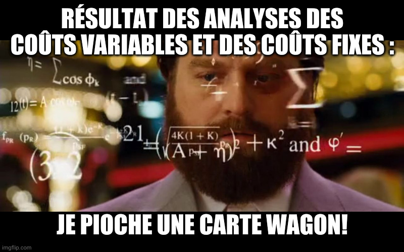 Hangover Math | RÉSULTAT DES ANALYSES DES COÛTS VARIABLES ET DES COÛTS FIXES :; JE PIOCHE UNE CARTE WAGON! | image tagged in hangover math | made w/ Imgflip meme maker