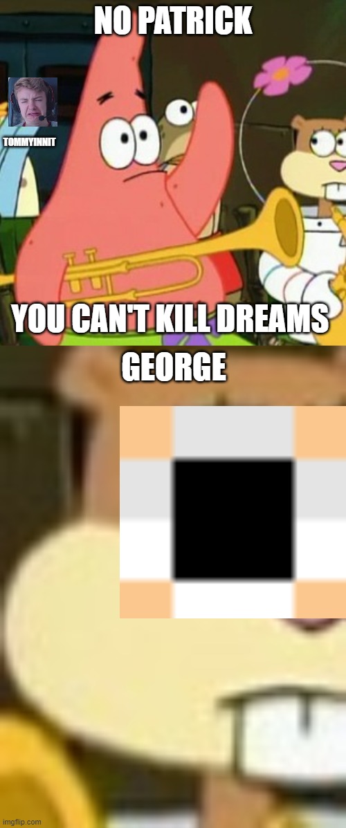patrick wants to killed dream | NO PATRICK; TOMMYINNIT; YOU CAN'T KILL DREAMS; GEORGE | image tagged in memes,no patrick | made w/ Imgflip meme maker