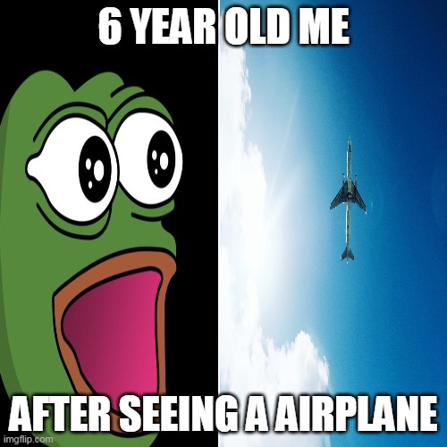 PLANE POGGERS | 6 YEAR OLD ME; AFTER SEEING A AIRPLANE | image tagged in pog,plane,childhood,lol,haha | made w/ Imgflip meme maker