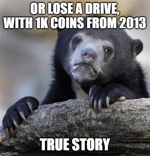 Confession Bear Meme | OR LOSE A DRIVE, WITH 1K COINS FROM 2013 TRUE STORY | image tagged in memes,confession bear | made w/ Imgflip meme maker