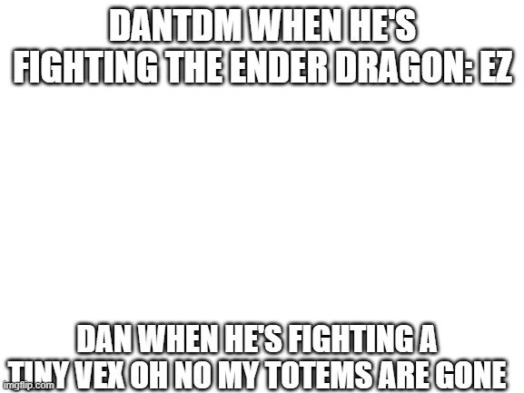 why | DANTDM WHEN HE'S FIGHTING THE ENDER DRAGON: EZ; DAN WHEN HE'S FIGHTING A TINY VEX OH NO MY TOTEMS ARE GONE | image tagged in blank white template | made w/ Imgflip meme maker
