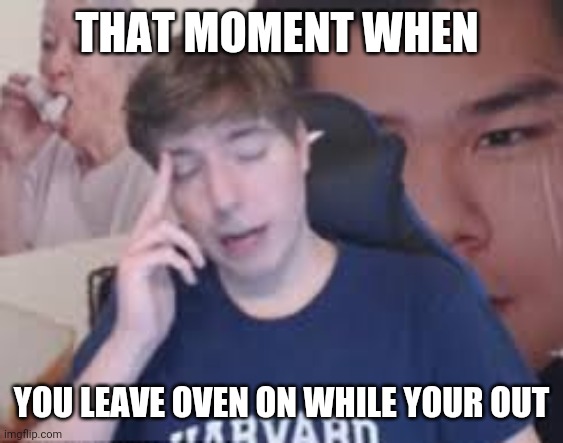 mr Beast | THAT MOMENT WHEN; YOU LEAVE OVEN ON WHILE YOUR OUT | image tagged in mr beast | made w/ Imgflip meme maker