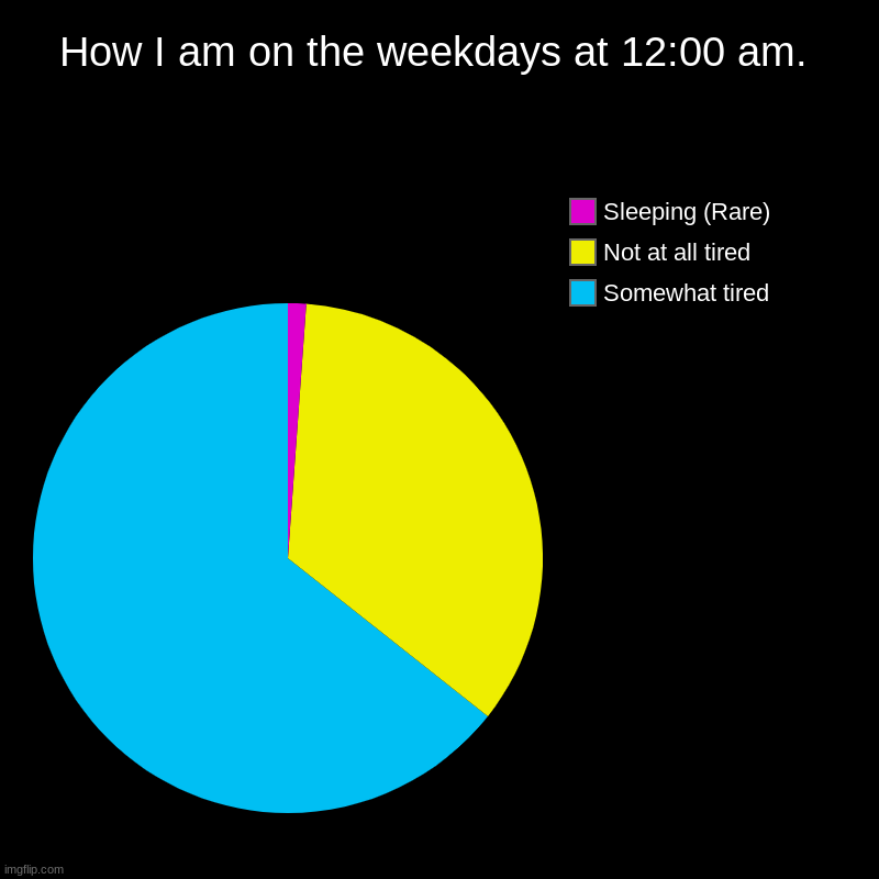 How I am on the weekdays at 12:00 am. | Somewhat tired, Not at all tired, Sleeping (Rare) | image tagged in charts,pie charts | made w/ Imgflip chart maker