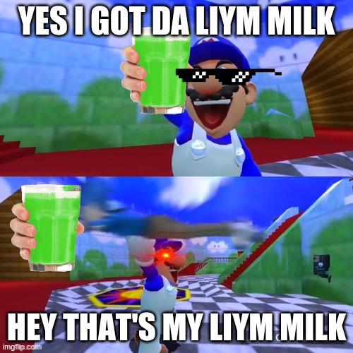 SMG4 holding up a duck | YES I GOT DA LIYM MILK; HEY THAT'S MY LIYM MILK | image tagged in smg4 holding up a duck | made w/ Imgflip meme maker