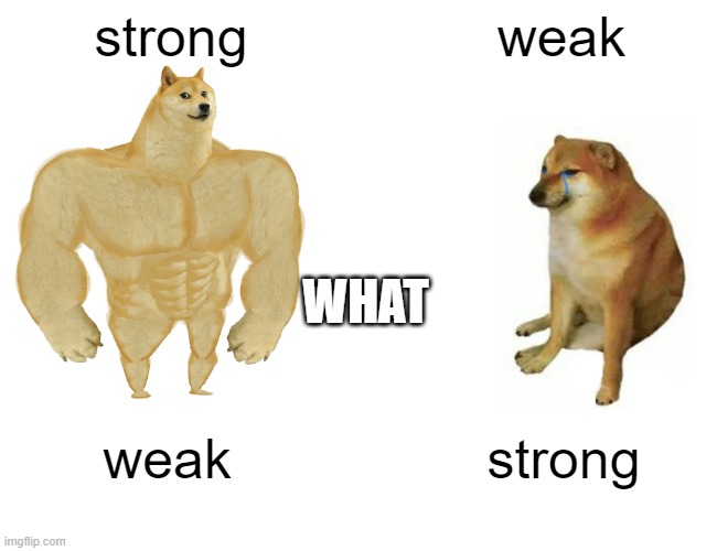 opposites | strong; weak; WHAT; weak; strong | image tagged in memes,buff doge vs cheems | made w/ Imgflip meme maker