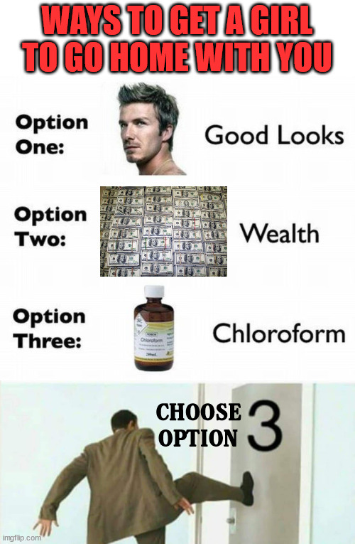 WAYS TO GET A GIRL TO GO HOME WITH YOU; CHOOSE
OPTION | image tagged in option 3,dark humor | made w/ Imgflip meme maker