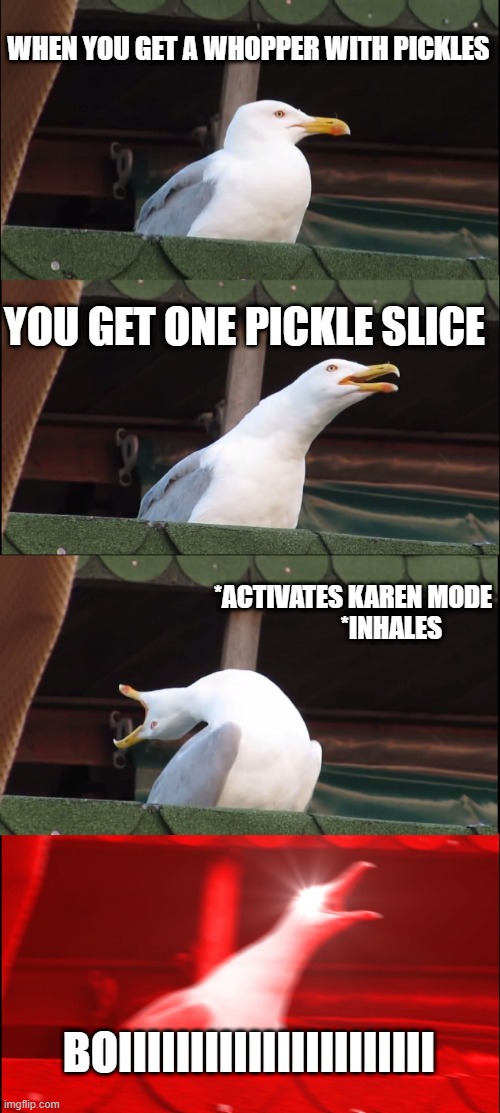 Inhaling Seagull | WHEN YOU GET A WHOPPER WITH PICKLES; YOU GET ONE PICKLE SLICE; *ACTIVATES KAREN MODE                 *INHALES; BOIIIIIIIIIIIIIIIIIIIIII | image tagged in memes,inhaling seagull | made w/ Imgflip meme maker