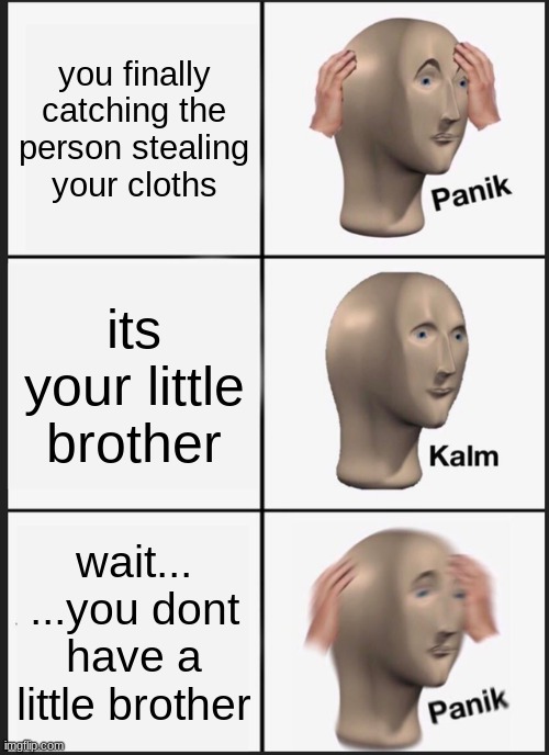 PANIK | you finally catching the person stealing your cloths; its your little brother; wait... ...you dont have a little brother | image tagged in memes,panik kalm panik | made w/ Imgflip meme maker