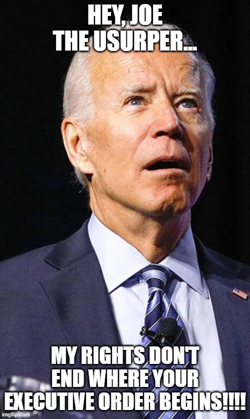 Joe the Usurper | HEY, JOE THE USURPER... MY RIGHTS DON'T END WHERE YOUR EXECUTIVE ORDER BEGINS!!!! | image tagged in bill of rights,nwo,stolen election | made w/ Imgflip meme maker