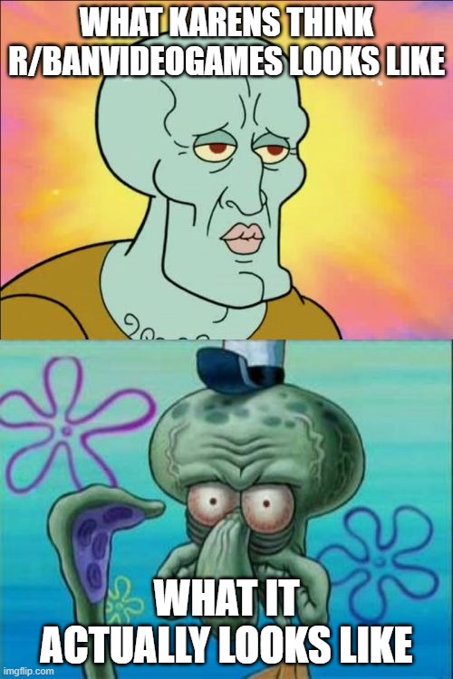 LOLOLOLOL | WHAT KARENS THINK R/BANVIDEOGAMES LOOKS LIKE; WHAT IT ACTUALLY LOOKS LIKE | image tagged in memes,squidward | made w/ Imgflip meme maker
