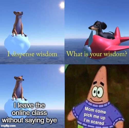 My own crossover meme, hope you like it | I leave the online class without saying bye | image tagged in wisdom dog | made w/ Imgflip meme maker
