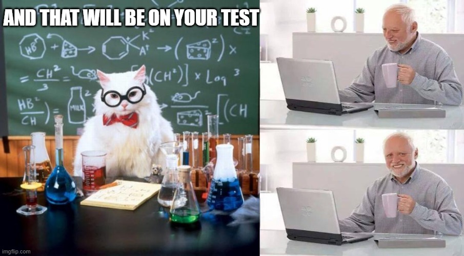 AND THAT WILL BE ON YOUR TEST | image tagged in memes,chemistry cat,hide the pain harold | made w/ Imgflip meme maker