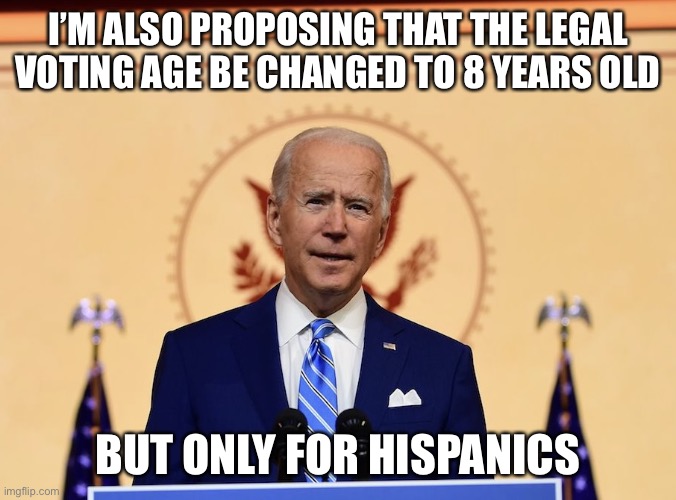 Biden the Elf | I’M ALSO PROPOSING THAT THE LEGAL VOTING AGE BE CHANGED TO 8 YEARS OLD BUT ONLY FOR HISPANICS | image tagged in biden the elf | made w/ Imgflip meme maker