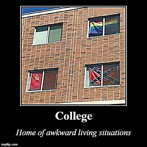 I don't miss it | image tagged in college home of awkward living situations,confederate flag | made w/ Imgflip meme maker