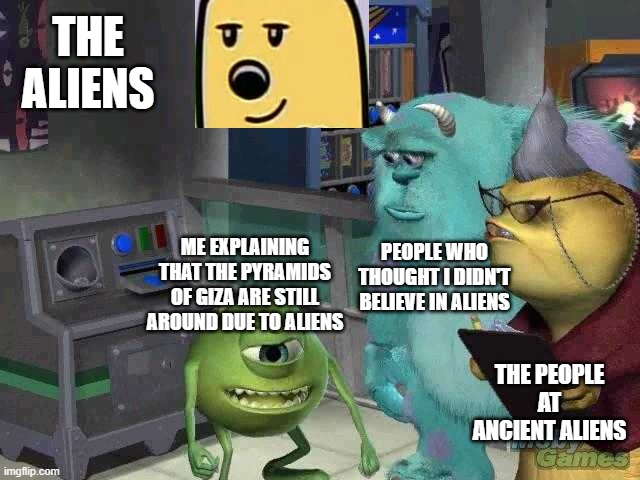 Giza is the last Ancient Wonder of the world still around | THE ALIENS; PEOPLE WHO THOUGHT I DIDN'T BELIEVE IN ALIENS; ME EXPLAINING THAT THE PYRAMIDS OF GIZA ARE STILL AROUND DUE TO ALIENS; THE PEOPLE AT ANCIENT ALIENS | image tagged in mike wazowski trying to explain,egypt,smug wubbzy,wubbzy,aliens | made w/ Imgflip meme maker