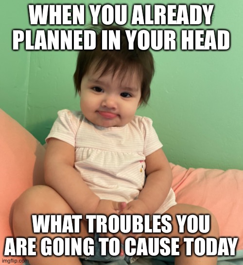 Trouble maker | WHEN YOU ALREADY PLANNED IN YOUR HEAD; WHAT TROUBLES YOU ARE GOING TO CAUSE TODAY | image tagged in babies,funny memes,no bullshit business baby,mischief,funny,big trouble | made w/ Imgflip meme maker