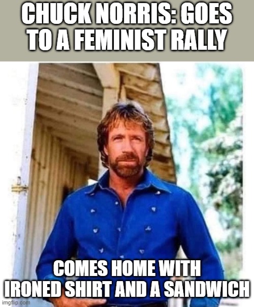 CHUCK NORRIS: GOES TO A FEMINIST RALLY; COMES HOME WITH IRONED SHIRT AND A SANDWICH | image tagged in chuck norris,funny | made w/ Imgflip meme maker