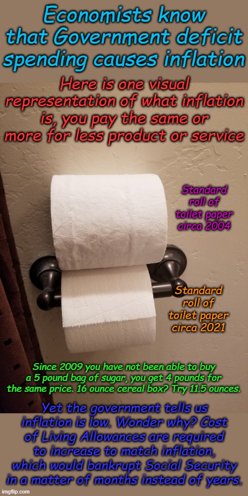 What difference does 5 or 10 Trillion dollars in deficit spending make? Less TP when Washington, DC is more full of it. | Economists know that Government deficit spending causes inflation; Here is one visual representation of what inflation is, you pay the same or more for less product or service; Standard roll of toilet paper circa 2004; Standard roll of toilet paper circa 2021; Since 2009 you have not been able to buy a 5 pound bag of sugar, you get 4 pounds for the same price. 16 ounce cereal box? Try 11.5 ounces. Yet the government tells us inflation is low. Wonder why? Cost of Living Allowances are required to increase to match inflation, which would bankrupt Social Security in a matter of months instead of years. | image tagged in inflation,government spending,government lies | made w/ Imgflip meme maker
