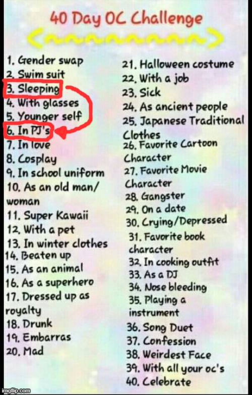 new plan, im skipping day 3 bc i cant do my oc sleeping so instead im doing the next best thing and putting her in pjs | made w/ Imgflip meme maker