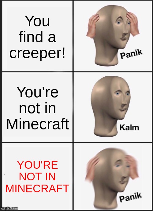 Panik Kalm Panik | You find a creeper! You're not in Minecraft; YOU'RE NOT IN MINECRAFT | image tagged in memes,panik kalm panik | made w/ Imgflip meme maker