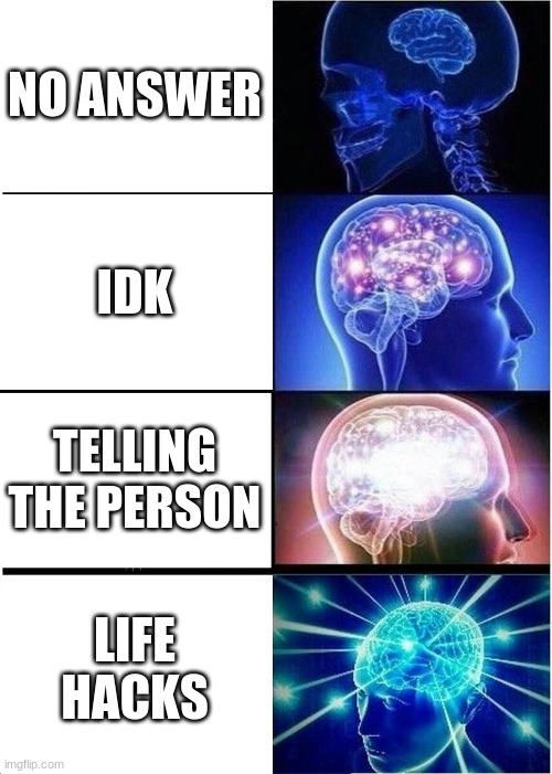 Expanding Brain Meme | NO ANSWER IDK TELLING THE PERSON LIFE HACKS | image tagged in memes,expanding brain | made w/ Imgflip meme maker