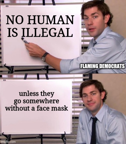 Free admission with submission. | NO HUMAN IS ILLEGAL; FLAMING DEMOCRATS; unless they go somewhere without a face mask | image tagged in jim halpert explains,illegal immigration,face mask,liberal logic | made w/ Imgflip meme maker