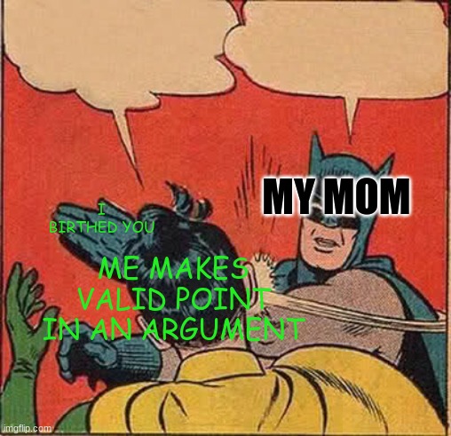 hmm | I BIRTHED YOU; MY MOM; ME MAKES VALID POINT IN AN ARGUMENT | image tagged in memes,batman slapping robin | made w/ Imgflip meme maker