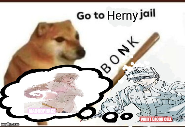 Herny jail | Herny; MACROPHAGE; WHITE BLOOD CELL | image tagged in go to horny jail,doge bonk,cells at work,white blood cell | made w/ Imgflip meme maker
