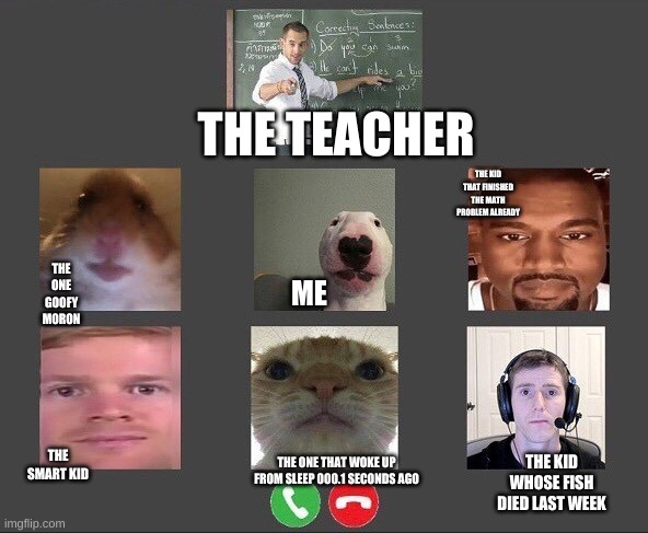 Online class | THE TEACHER; THE KID THAT FINISHED THE MATH PROBLEM ALREADY; THE ONE GOOFY MORON; ME; THE SMART KID; THE KID WHOSE FISH DIED LAST WEEK; THE ONE THAT WOKE UP FROM SLEEP 000.1 SECONDS AGO | image tagged in online class | made w/ Imgflip meme maker