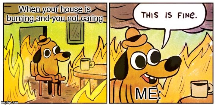 This Is Fine Meme | When your house is burning and you not caring; ME: | image tagged in memes,this is fine | made w/ Imgflip meme maker