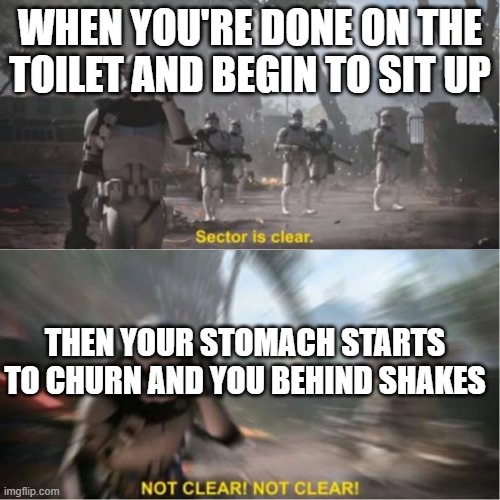 That horrible feeling | WHEN YOU'RE DONE ON THE TOILET AND BEGIN TO SIT UP; THEN YOUR STOMACH STARTS TO CHURN AND YOU BEHIND SHAKES | image tagged in sector is clear blur | made w/ Imgflip meme maker