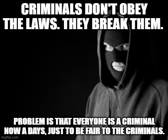 Everyone is a criminal..... | CRIMINALS DON'T OBEY THE LAWS. THEY BREAK THEM. PROBLEM IS THAT EVERYONE IS A CRIMINAL NOW A DAYS, JUST TO BE FAIR TO THE CRIMINALS. | image tagged in criminal,laws,laws were made to be broken,everyone is a criminal,fairness to all | made w/ Imgflip meme maker