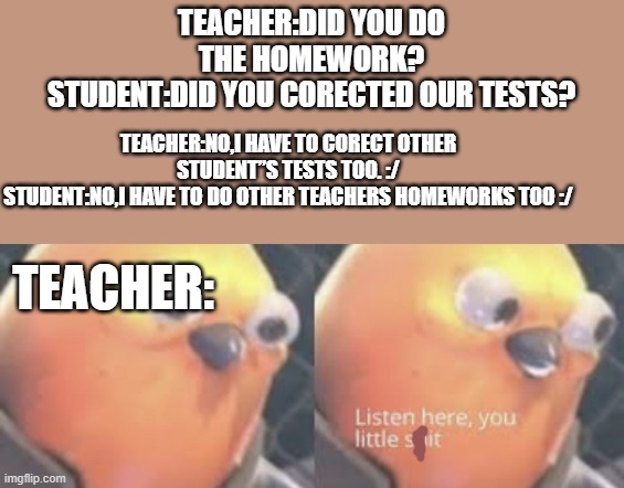Listen here you little shit bird | TEACHER:DID YOU DO THE HOMEWORK?
STUDENT:DID YOU CORECTED OUR TESTS? TEACHER:NO,I HAVE TO CORECT OTHER STUDENT”S TESTS TOO. :/
STUDENT:NO,I HAVE TO DO OTHER TEACHERS HOMEWORKS TOO :/; TEACHER: | image tagged in listen here you little shit bird,teacher,fun | made w/ Imgflip meme maker